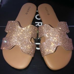 Rose Gold Rhinestone Flats (8 wide width)